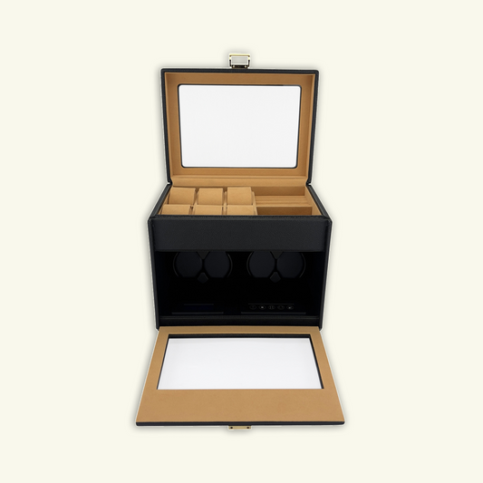 LW117 Watch Winder Box – Black Leather & Camel Velvet - Leader