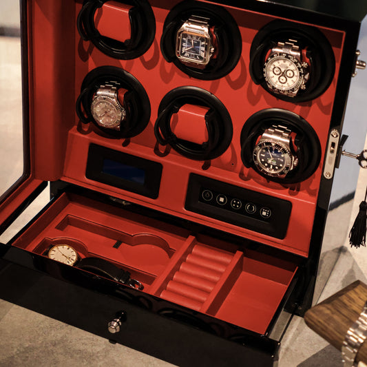 LW56 Watch Winder 6 Watches – Gloss Black & Red - Leader