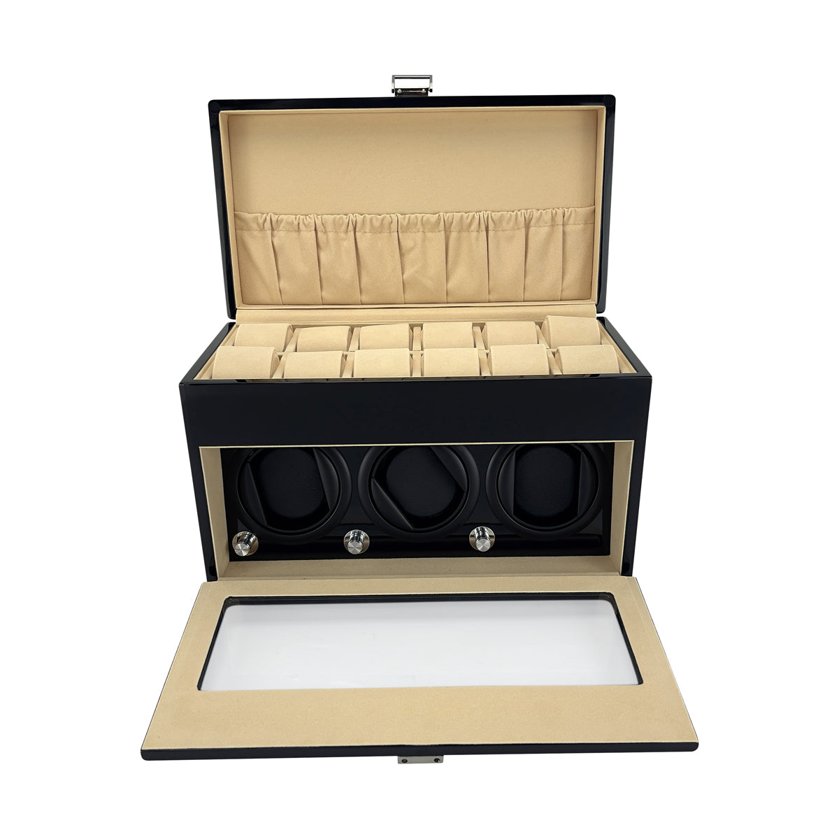 LW137 Watch Winder Box – Gloss Black & Camel Velvet - Leader