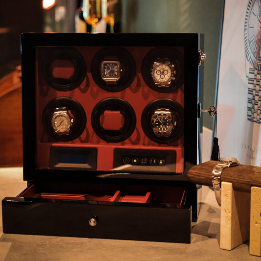 LW56 Watch Winder 6 Watches – Gloss Black & Red - Leader