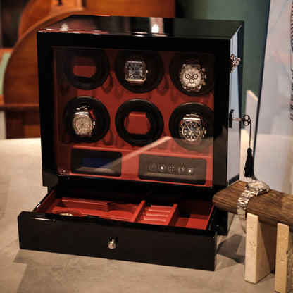 LW56 Watch Winder 6 Watches – Gloss Black & Red - Leader