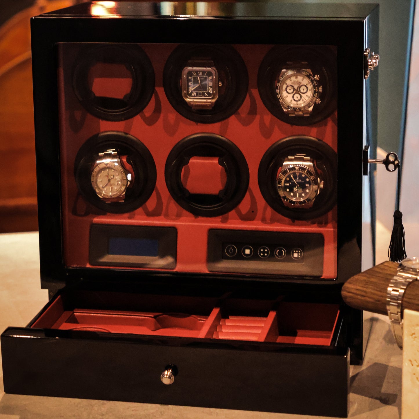 LW56 Watch Winder 6 Watches – Gloss Black & Red - Leader