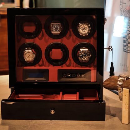 LW56 Watch Winder 6 Watches – Gloss Black & Red - Leader