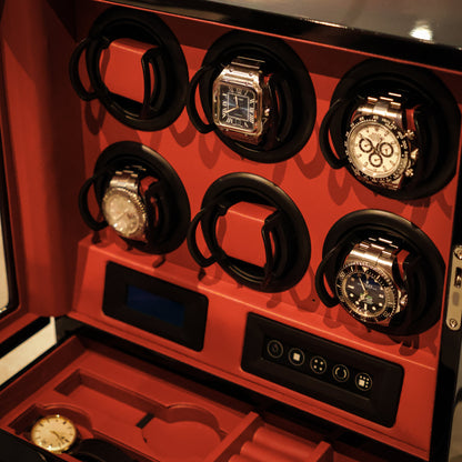 LW56 Watch Winder 6 Watches – Gloss Black & Red - Leader