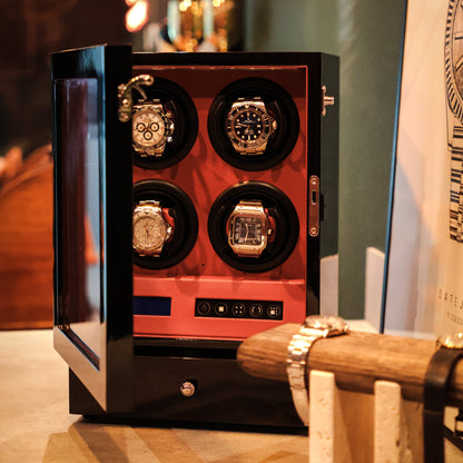 LW64 Watch Winder 4 Watches – Gloss Black & Red - Leader