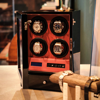 LW64 Watch Winder 4 Watches – Gloss Black & Red - Leader