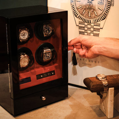 LW64 Watch Winder 4 Watches – Gloss Black & Red - Leader