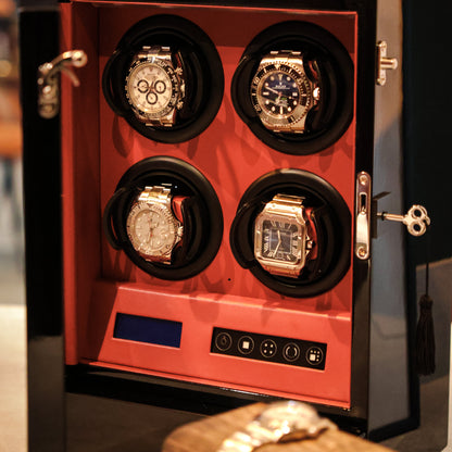 LW64 Watch Winder 4 Watches – Gloss Black & Red - Leader