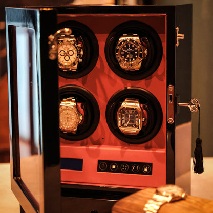 LW64 Watch Winder 4 Watches – Gloss Black & Red - Leader