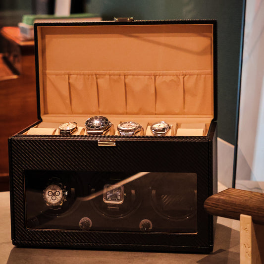 LW127 Watch Winder Box – Carbon Fiber & Camel Velvet - Leader