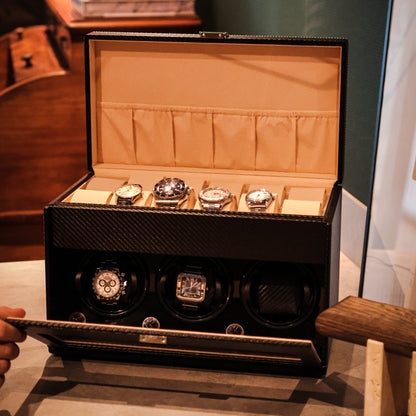 LW127 Watch Winder Box – Carbon Fiber & Camel Velvet - Leader