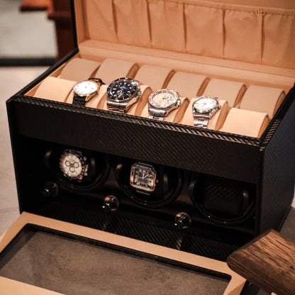 LW127 Watch Winder Box – Carbon Fiber & Camel Velvet - Leader