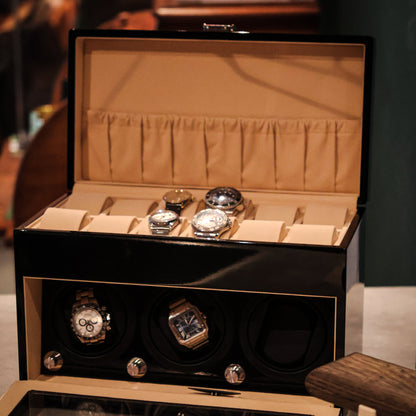 LW137 Watch Winder – Glanzend Zwart & Camel Velvet - Leader