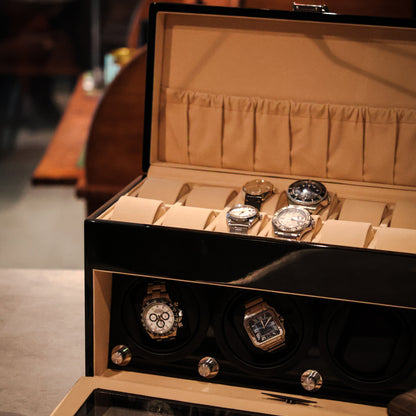 LW137 Watch Winder – Glanzend Zwart & Camel Velvet - Leader