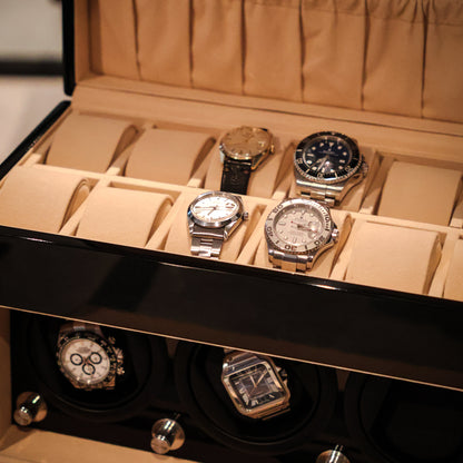 LW137 Watch Winder – Glanzend Zwart & Camel Velvet - Leader