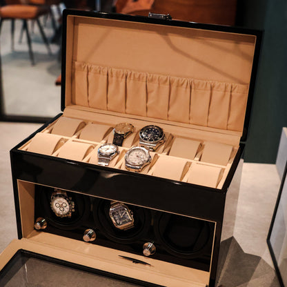 LW137 Watch Winder – Glanzend Zwart & Camel Velvet - Leader